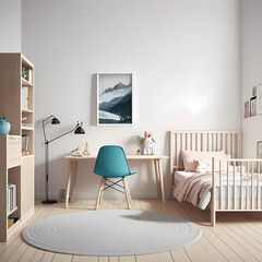 Stylish scandinavian newborn baby room with brown wooden mock up poster frame, toys, plush animal and child accessories. 3d rendering.