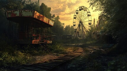 Naklejka premium A dilapidated amusement park bathed in the warm golden glow of sunset. The image features an old, rusted carousel on the left, overgrown with greenery and decay. In the background on the right side, t