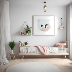 Stylish scandinavian newborn baby room with brown wooden mock up poster frame, toys, plush animal and child accessories. 3d rendering.