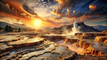 Rocky terrain ravaged by swirling vortex of debris, ancient forests crumbling into impact craters, geysers exploding amidst sulfurous mist as the earth convulses beneath the din of eternal upheaval.