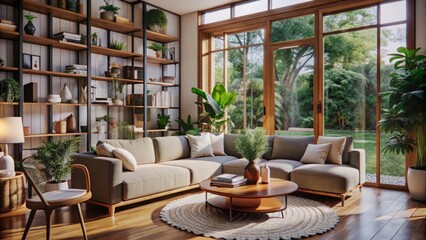 Fototapeta premium A cozy, modern living room is filled with natural light streaming through large glass doors.
