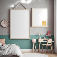 Stylish scandinavian newborn baby room with brown wooden mock up poster frame, toys, plush animal and child accessories. 3d rendering.