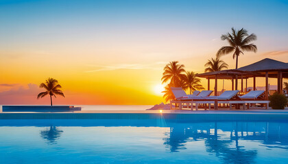Sunset background with fresh water of luxury hotel swimming pool on the beach. Generative AI