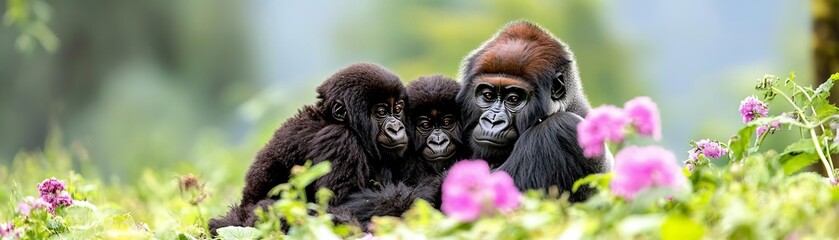 Obraz premium Mountain gorilla family nestled together in a forest, intimate close-up with soft lighting, conveying familial bonds and protection