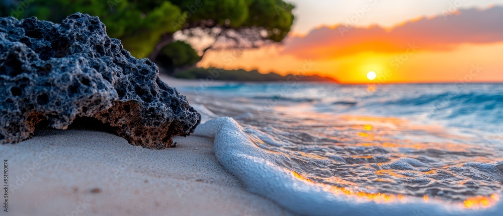 Poster  A tight shot of a weathered rock on the shoreline, sun sinking behind, foreground filled with tranquil water