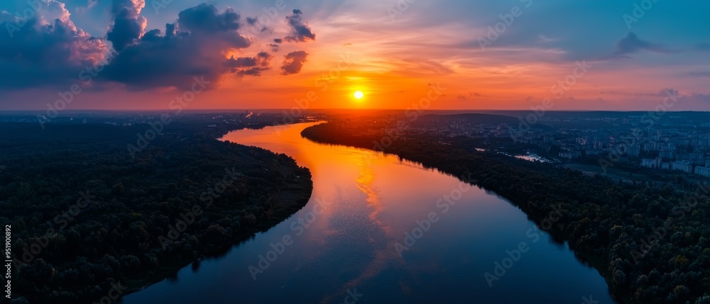 Poster  A river winds through a verdant forest, abutting a wooded hillside beneath a cloud-studded, blue-tinted sky during sunset