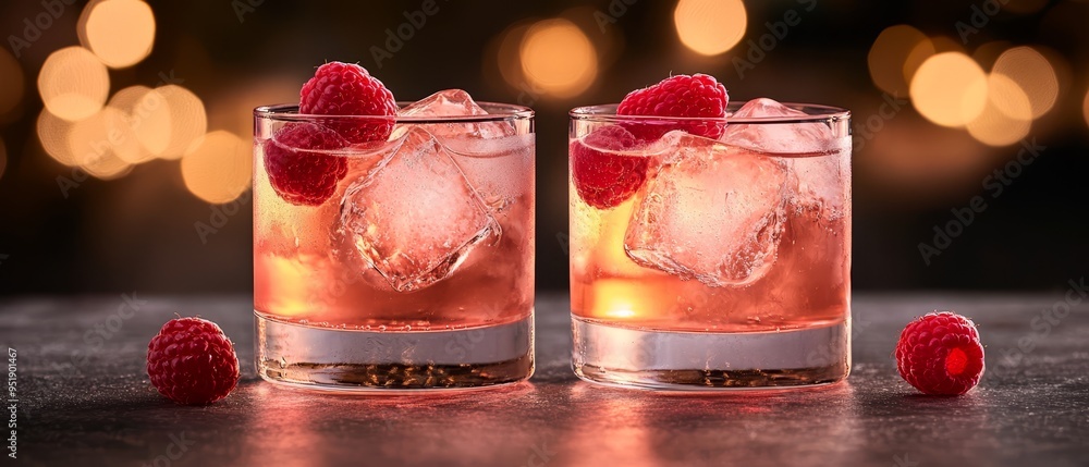 Canvas Prints  Two glasses, each holding ice and raspberries, sit adjacent on a table beneath soft background lights