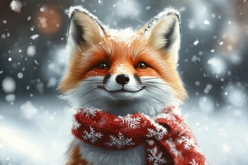 Fototapeta premium Adorable Christmas fox wearing a scarf and playing in the snow