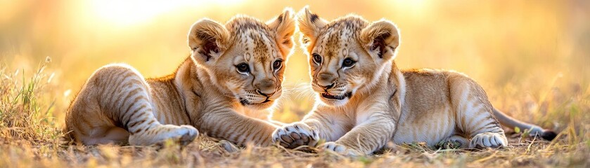 Lion cubs playfully wrestling in the savannah, golden grass and warm sunlight, showcasing youth and natural behavior in the wild