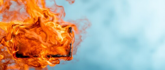  A tight shot of a flame engulfed in blue, backdrop blurred fire extinguisher looming behind