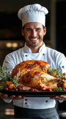 A smiling chef holding up a beautifully roasted turkey
