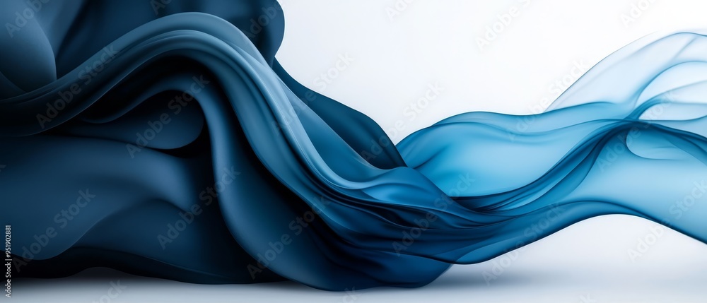 Poster  Blue and white wave, a reflection of light at its base, on pristine white background ..A blue-white wave, lightly reflecting,