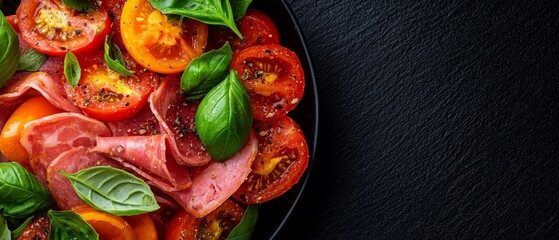 tomatoes, meat, and green leaves atop a black cloth