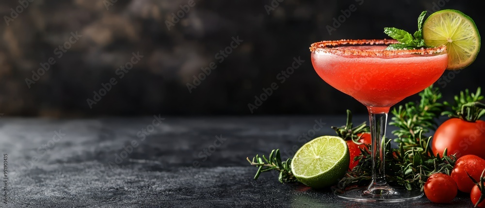 Sticker  A red cocktail, garnished with a lime slice and a twist, adjacent to tomatoes and a sprig of fresh rosemary