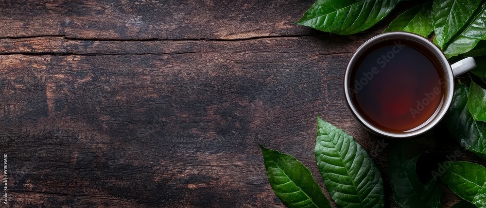 Sticker  A cup of tea on a wooden table, nearby, green leaves in a bunch