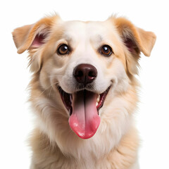 a dog with a pink tongue that is smiling on white background