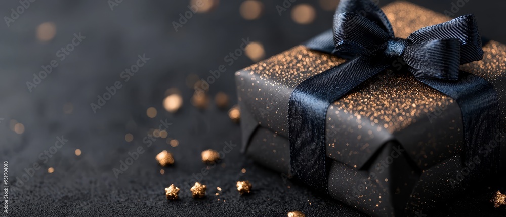 Sticker  Black and gold gift box against a black background, adorned with a blue ribbon and golden bow, featuring gold flakes