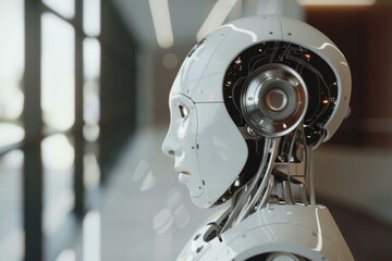 Fototapeta premium White humanoid robot is looking through a window in a modern office building