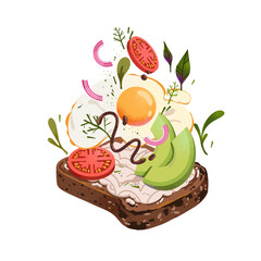 Avocado toast with cream cheese, egg, tomatoes, onion, basil and sauce. Flying breakfast ingredients  