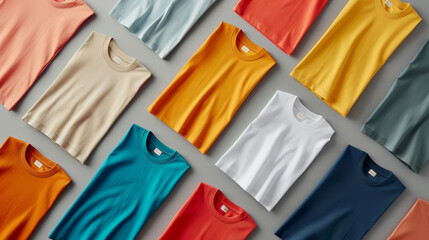 Variety of Colorful T-Shirts Arranged in Flat Lay on Gray Background, Ideal for Design and Branding, High-Resolution Mockup Template for Print and Digital Advertising.