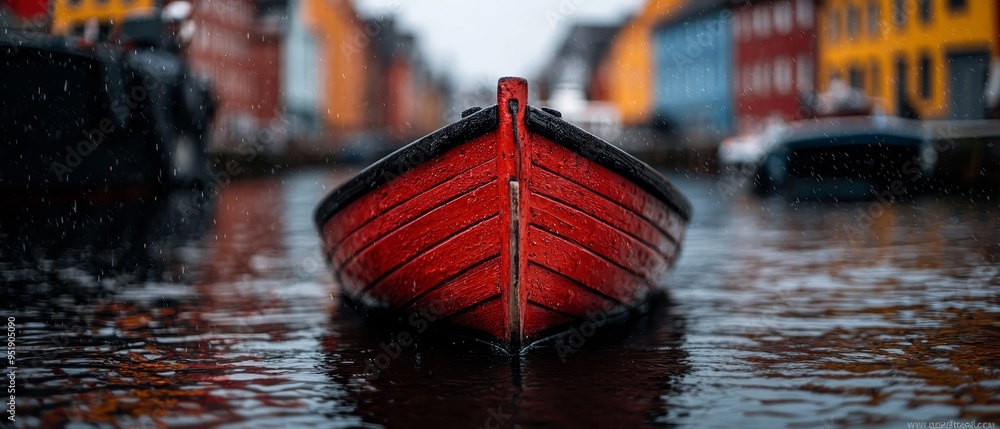 Sticker a red boat floats atop a body of water; behind it are vibrant buildings in alignment