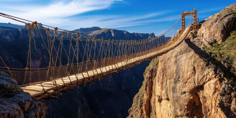 An intricate rope bridge being constructed across a steep canyon