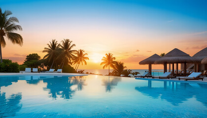 Sunset background with fresh water of luxury hotel swimming pool on the beach. Generative AI