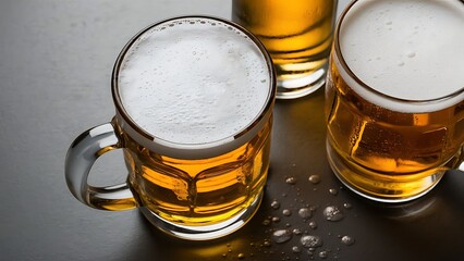 Close up view of mugs of cold beer with foam on grey background