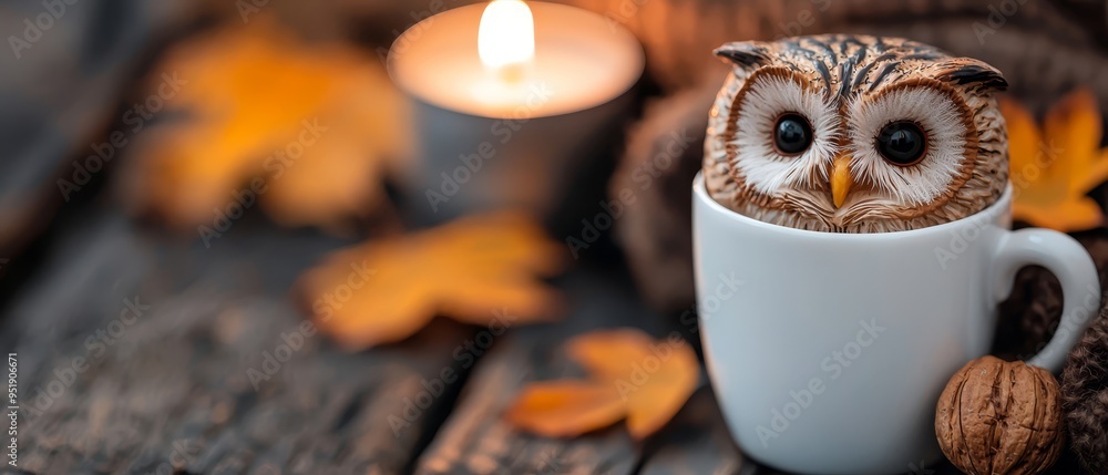 Poster  An owl figurine sits in a white coffee cup atop a wooden table, next to a lit candle