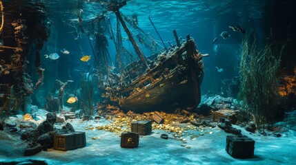 Sunken Shipwreck with Treasure Chests and Gold Coins Underwater.