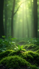 Fototapeta premium Young plant sprouting in a mossy forest, bathed in soft sunlight