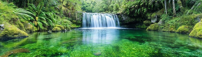 Fototapeta premium Majestic waterfall in an untouched forest, with pristine surroundings, vibrant greenery, and crystal-clear water