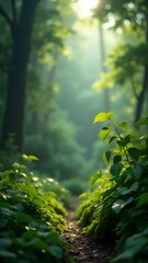 Fototapeta premium Narrow forest path surrounded by lush greenery, bathed in soft morning sunlight