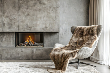 Loft home interior design of modern living room. Сhair with fur throw against concrete wall with fireplace. 