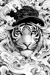 Vintage Halloween Tiger Face with Hat, Misty Waves, High-Contrast Black and White, Surreal 80s British Style