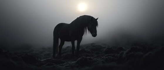  A horse stands amidst a foggy field, sun piercing fog's edge behind