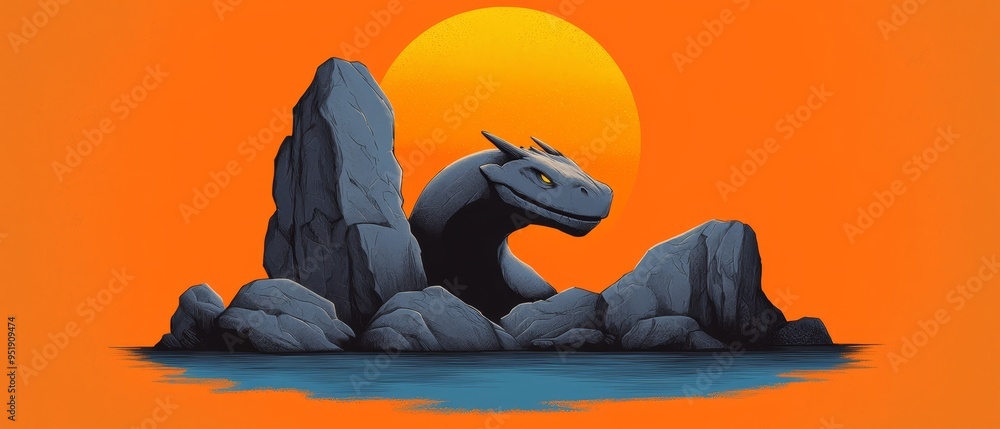 Sticker Dragon atop rock, waterside; sun backdrops background