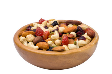Mix nuts in wooden bowl isolated on white background with clipping path.