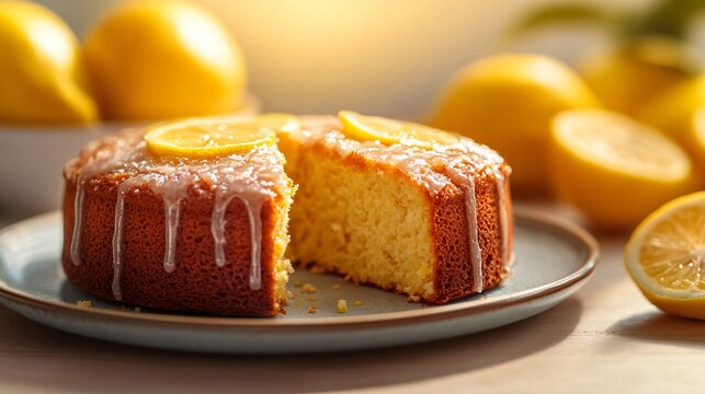 Italian lemon ricotta cake with a drizzle of lemon glaze, served on a ceramic plate with a bright, sunny backdrop