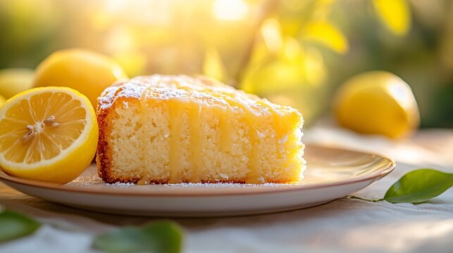 Italian lemon ricotta cake with a drizzle of lemon glaze, served on a ceramic plate with a bright, sunny backdrop
