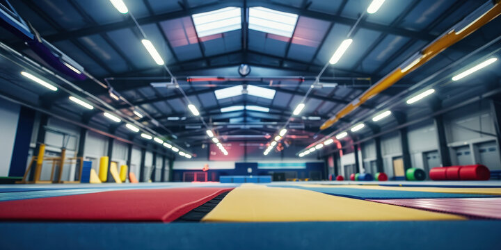 Brightly lit gymnastics arena featuring various equipment arranged for training and competitions in an expansive facility - Powered by Adobe