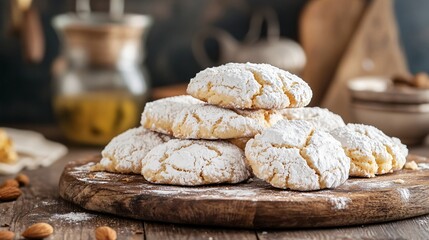 Naklejka premium Italian ricciarelli almond cookies, arranged on a rustic wooden board with a soft focus kitchen backdrop