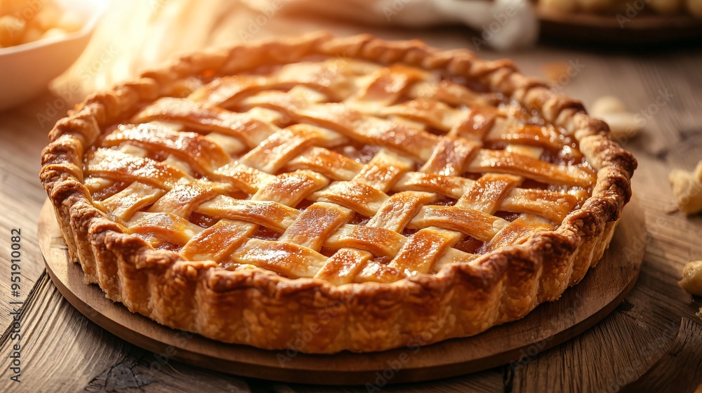 Wall mural italian ricotta pie with a lattice crust, set on a wooden table with a warm, sunlit backdrop