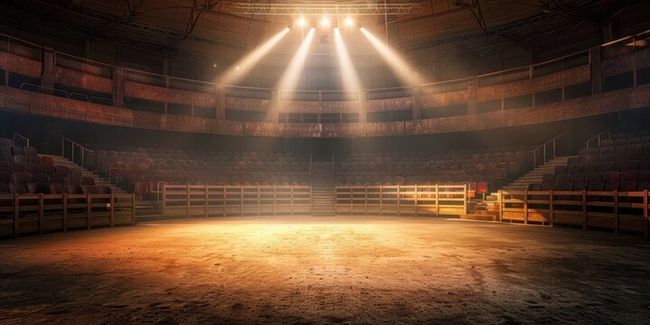 A spotlight illuminates the center of a majestic rodeo arena with empty bleachers awaiting the next thrilling event