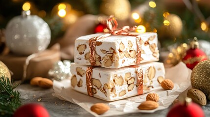 Italian torrone nougat with almonds and honey, wrapped in parchment paper with a traditional festive backdrop