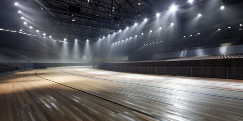Modern indoor cycling velodrome featuring a sleek wooden track illuminated by bright spotlights during an evening event