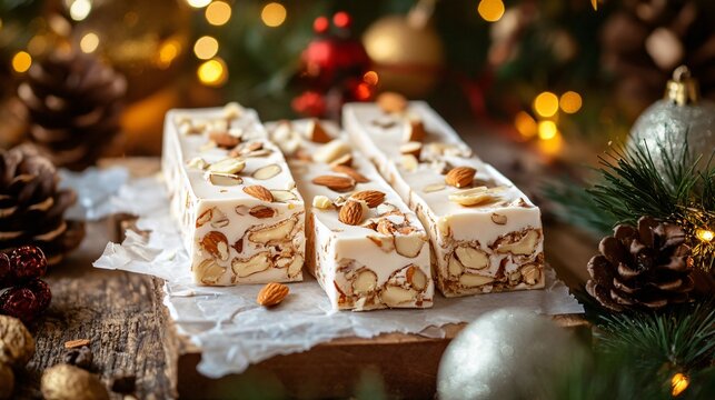 Italian torrone nougat with almonds and honey, wrapped in parchment paper with a traditional festive backdrop