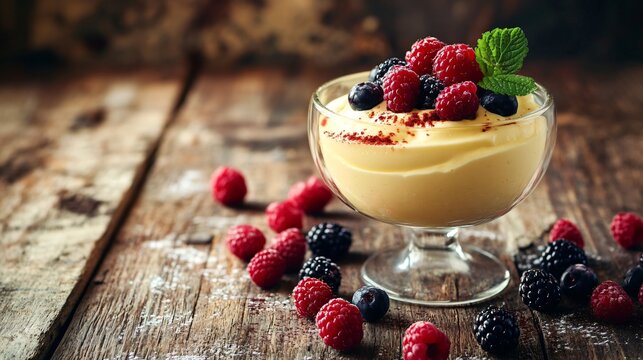Italian zabaglione served with fresh berries, in a vintage glass cup on a rustic wooden table