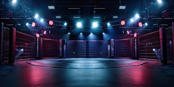 An empty martial arts arena with bright lights illuminating the octagon cage before a competition event