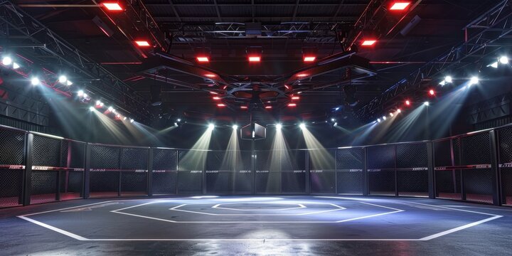 Professional martial arts arena featuring an empty octagon cage illuminated by bright stage lights in a dynamic setting